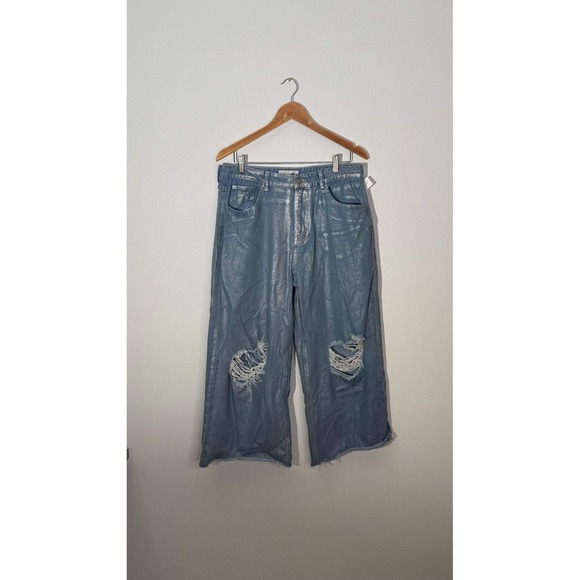 Fashionova Wide Leg Jeans Women Size 13 Silver Metallic Distressed Cropped - Picture 3 of 13